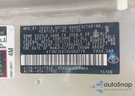 2010 Toyota Camry Le from USA, damaged, VIN 4T1BF3EK7AU099778